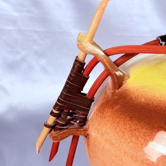 Large Art Pottery Vase Southwest Style MCM Yellow Orange Wood Handles 11” Signed - Picture 5 of 13